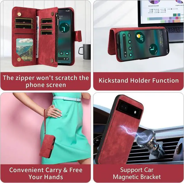 Alt view image 5 of 7 - Phone Case for Google Pixel 6A 5G 2022 Zipper Wallet Detachable Magnetic Cover with Tempered Glass Screen Protector Crossbody Lanyard Strap Flip Card Holder Slot Pixel6A A6 Women Men Girls Red