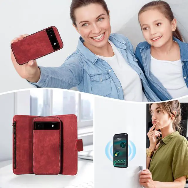 Alt view image 7 of 7 - Phone Case for Google Pixel 6A 5G 2022 Zipper Wallet Detachable Magnetic Cover with Tempered Glass Screen Protector Crossbody Lanyard Strap Flip Card Holder Slot Pixel6A A6 Women Men Girls Red