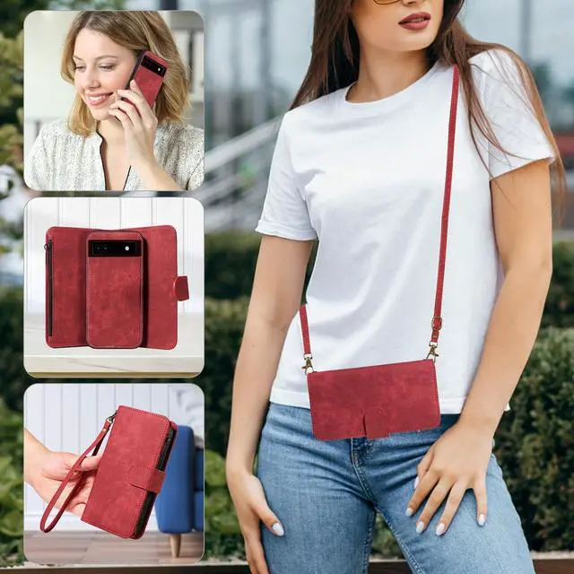 Alt view image 6 of 7 - Phone Case for Google Pixel 6A 5G 2022 Zipper Wallet Detachable Magnetic Cover with Tempered Glass Screen Protector Crossbody Lanyard Strap Flip Card Holder Slot Pixel6A A6 Women Men Girls Red