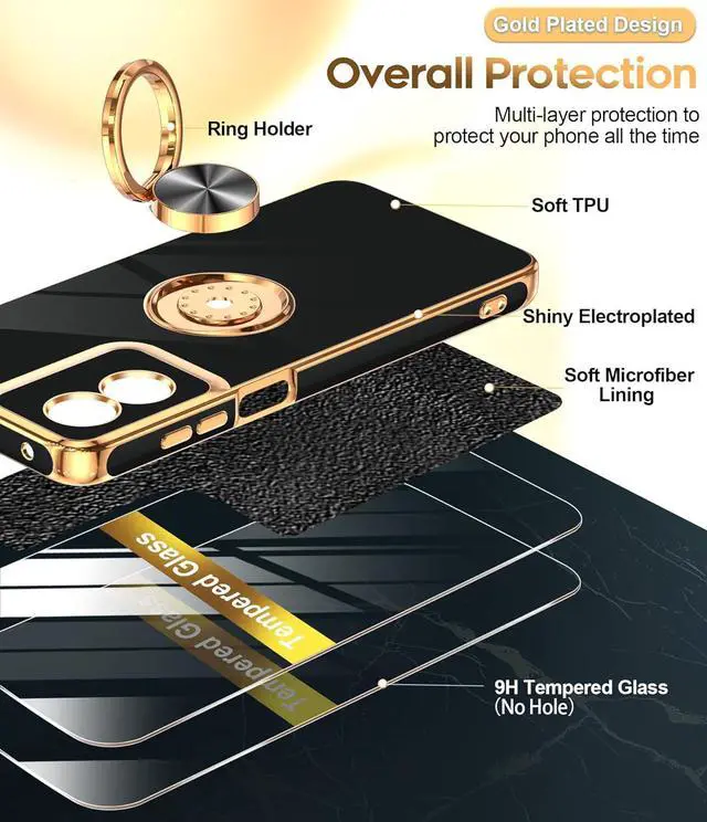 Alt view image 3 of 7 - for Moto-G Play-2024-Case: (?????? ?????? ?? ???? ????????) 360° Magnetic Ring Stand Rose Gold Edge Shockproof TPU 2X Tempered Glass Black