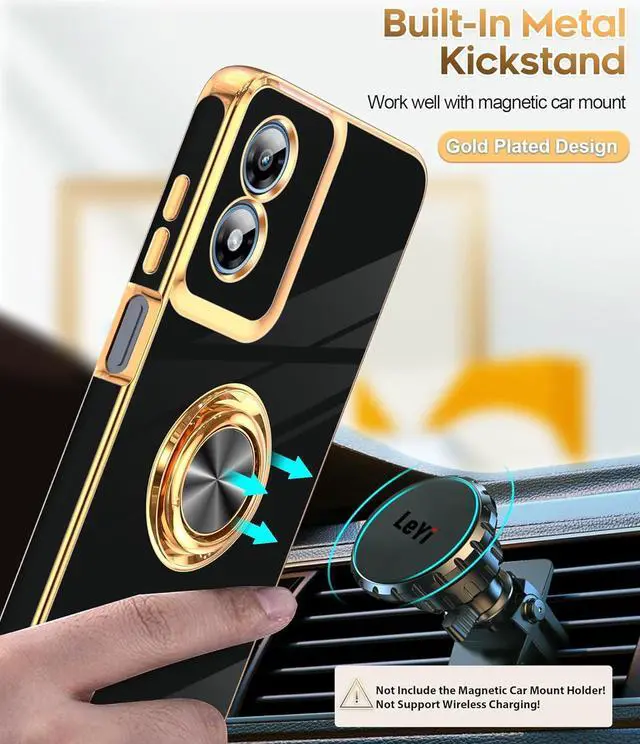 Alt view image 6 of 7 - for Moto-G Play-2024-Case: (?????? ?????? ?? ???? ????????) 360° Magnetic Ring Stand Rose Gold Edge Shockproof TPU 2X Tempered Glass Black