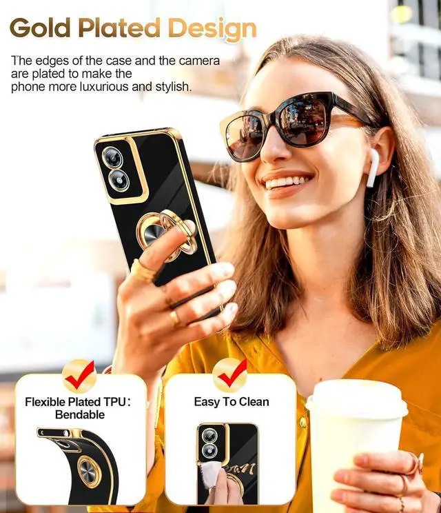 Alt view image 7 of 7 - for Moto-G Play-2024-Case: (?????? ?????? ?? ???? ????????) 360° Magnetic Ring Stand Rose Gold Edge Shockproof TPU 2X Tempered Glass Black