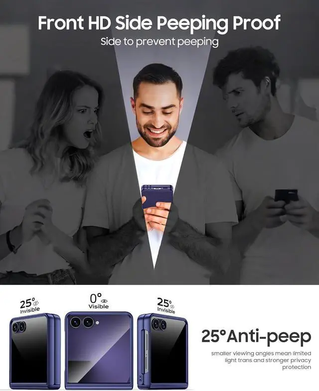 Alt view image 3 of 7 - for  Galaxy Z Flip 7 Case with Privacy Screen Protector & Hinge Protection Slim Non-Slip Hard Full Body Shockproof Cover Wireless Charging Case for Galaxy Z Flip 7 (Blue)