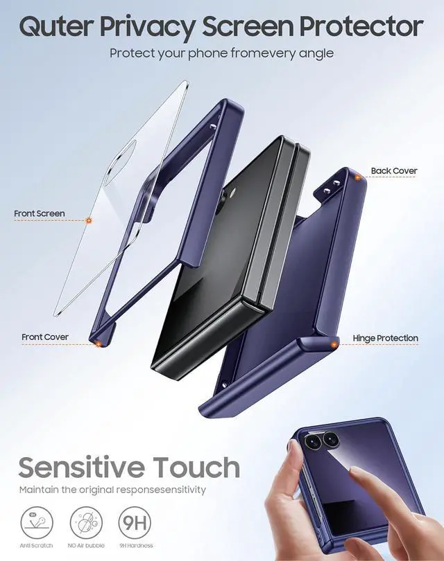 Alt view image 7 of 7 - for  Galaxy Z Flip 7 Case with Privacy Screen Protector & Hinge Protection Slim Non-Slip Hard Full Body Shockproof Cover Wireless Charging Case for Galaxy Z Flip 7 (Blue)