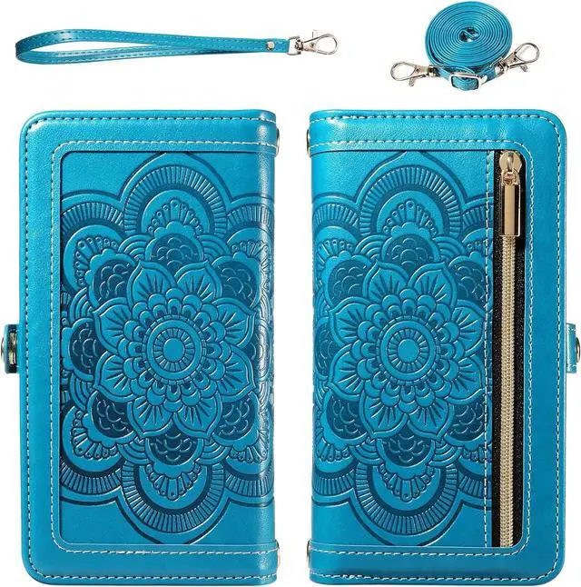 Alt view image 5 of 7 - Phone Case for  Galaxy S9 Plus Zipper Wallet Magnetic Detachable Cell Cover with Tempered Glass Screen Protector Crossbody Strap Flower Card Holder S9+ 9S 9+ S 9 9plus S9plus Women Blue