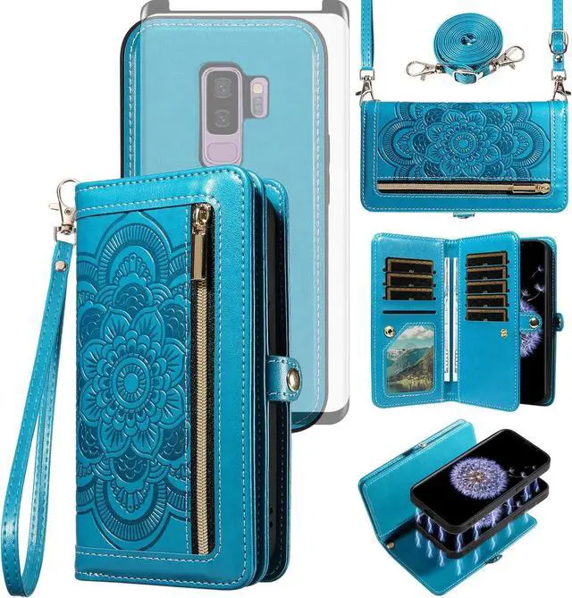 Main image of Phone Case for  Galaxy S9 Plus Zipper Wallet Magnetic Detachable Cell Cover with Tempered Glass Screen Protector Crossbody Strap Flower Card Holder S9+ 9S 9+ S 9 9plus S9plus Women Blue