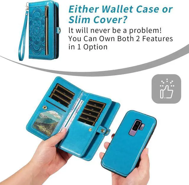 Alt view image 4 of 7 - Phone Case for  Galaxy S9 Plus Zipper Wallet Magnetic Detachable Cell Cover with Tempered Glass Screen Protector Crossbody Strap Flower Card Holder S9+ 9S 9+ S 9 9plus S9plus Women Blue