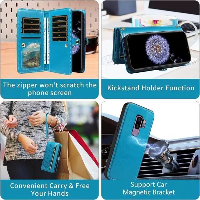 Alt view image 6 of 7 - Phone Case for  Galaxy S9 Plus Zipper Wallet Magnetic Detachable Cell Cover with Tempered Glass Screen Protector Crossbody Strap Flower Card Holder S9+ 9S 9+ S 9 9plus S9plus Women Blue