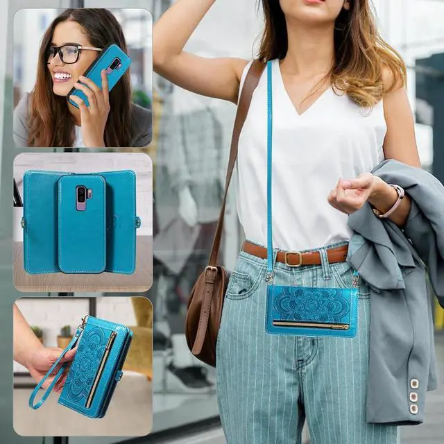 Alt view image 7 of 7 - Phone Case for  Galaxy S9 Plus Zipper Wallet Magnetic Detachable Cell Cover with Tempered Glass Screen Protector Crossbody Strap Flower Card Holder S9+ 9S 9+ S 9 9plus S9plus Women Blue