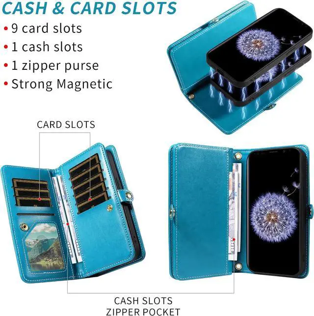 Alt view image 3 of 7 - Phone Case for  Galaxy S9 Plus Zipper Wallet Magnetic Detachable Cell Cover with Tempered Glass Screen Protector Crossbody Strap Flower Card Holder S9+ 9S 9+ S 9 9plus S9plus Women Blue