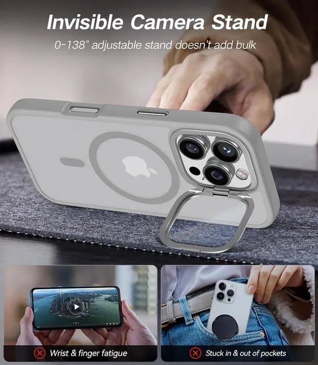 Alt view image 3 of 6 - [Upgraded] for iPhone 16 Pro Max Case with Camera Cover Stand [Fit for MagSafe][9H Camera Lens Protector] Mil-Grade Protection Translucent Magnetic iPhone 16 Pro Max Phone Case Grey