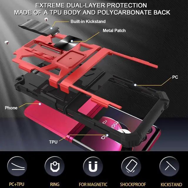 Alt view image 4 of 7 - for Moto Razr 2024 Case - Motorola Razr 50 Kickstand Case with Magnetic Car Mount Military Grade Shockproof Protective Cell Phone Case - Red