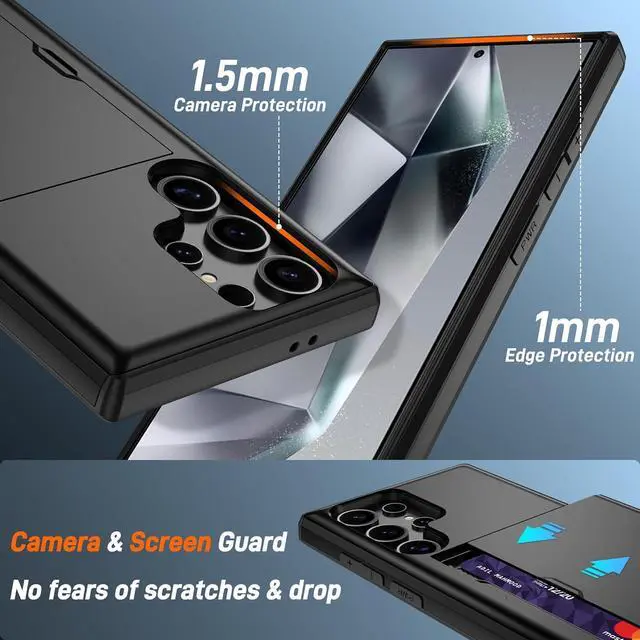 Alt view image 5 of 7 - for  Galaxy S24 Ultra with Card Holder Dual-Layer Design & 2 HD Screen Protectors Hidden Card Slot Wallet Case for  S24 Ultra-Black