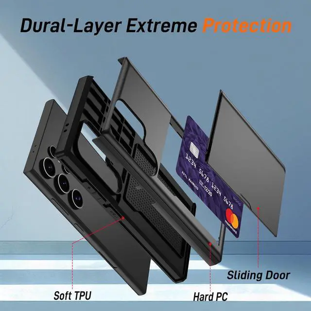 Alt view image 6 of 7 - for  Galaxy S24 Ultra with Card Holder Dual-Layer Design & 2 HD Screen Protectors Hidden Card Slot Wallet Case for  S24 Ultra-Black