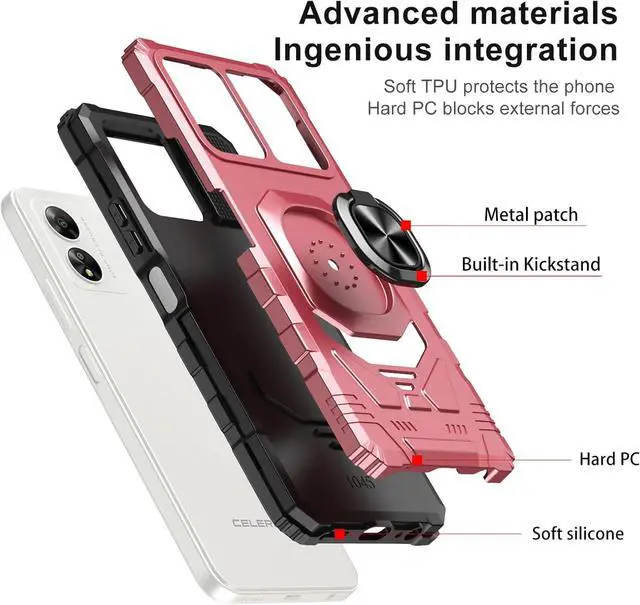 Alt view image 3 of 6 - Case for Celero 5G SC Military Grade Shockproof Protective Rugged Cell Phone Cover with Ring Kickstand for Magnetic Car Mount - Rose Gold