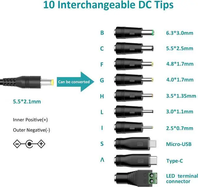 Alt view image 2 of 6 - 36W 3V 4.5V 5V 6V 7.5V 9V 12V Universal AC Adapter Multi Voltage Power Supply Wall Charger Cord with 10 DC Plugs Jacks for BT Speaker LED Strip Light CCTV Security Camera Router DVD Player