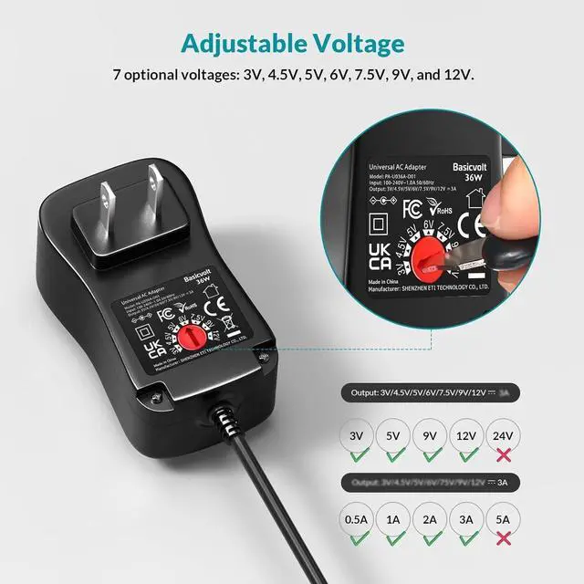 Alt view image 4 of 6 - 36W 3V 4.5V 5V 6V 7.5V 9V 12V Universal AC Adapter Multi Voltage Power Supply Wall Charger Cord with 10 DC Plugs Jacks for BT Speaker LED Strip Light CCTV Security Camera Router DVD Player