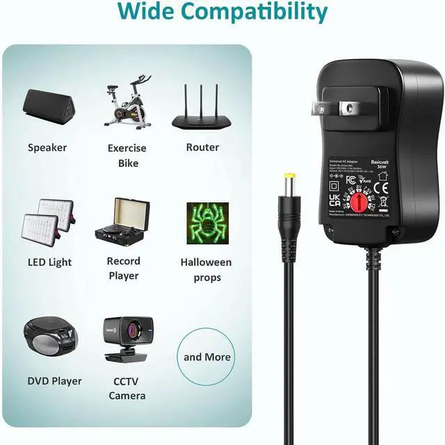 Alt view image 5 of 6 - 36W 3V 4.5V 5V 6V 7.5V 9V 12V Universal AC Adapter Multi Voltage Power Supply Wall Charger Cord with 10 DC Plugs Jacks for BT Speaker LED Strip Light CCTV Security Camera Router DVD Player