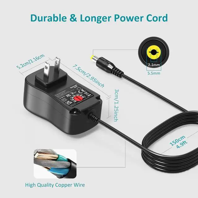 Alt view image 3 of 6 - 36W 3V 4.5V 5V 6V 7.5V 9V 12V Universal AC Adapter Multi Voltage Power Supply Wall Charger Cord with 10 DC Plugs Jacks for BT Speaker LED Strip Light CCTV Security Camera Router DVD Player