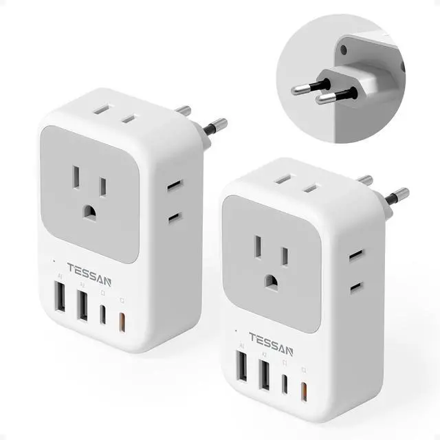Main image of European Travel Plug Adapter 2 Pack PD 20W Adapter for Europe Plug with 4 AC Outlets 4 USB (2 USB C) Type C Adaptor for US to Europe Italy Spain France Portugal Greece Iceland Germany