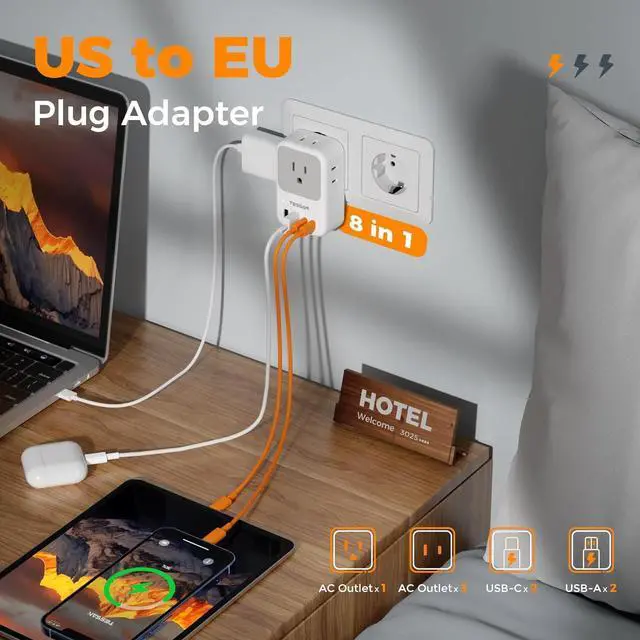 Alt view image 2 of 7 - European Travel Plug Adapter 2 Pack PD 20W Adapter for Europe Plug with 4 AC Outlets 4 USB (2 USB C) Type C Adaptor for US to Europe Italy Spain France Portugal Greece Iceland Germany