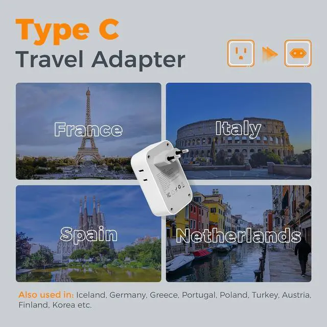 Alt view image 4 of 7 - European Travel Plug Adapter 2 Pack PD 20W Adapter for Europe Plug with 4 AC Outlets 4 USB (2 USB C) Type C Adaptor for US to Europe Italy Spain France Portugal Greece Iceland Germany