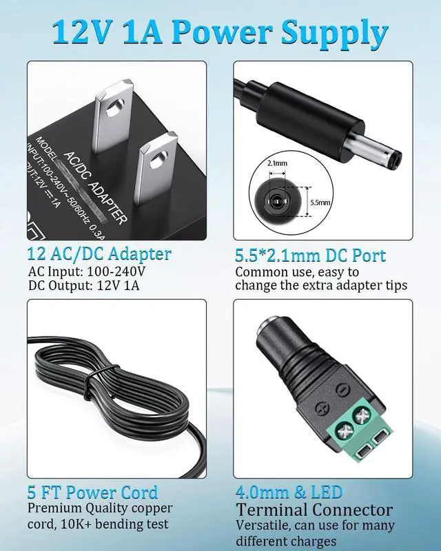 Alt view image 6 of 7 - 12V 1A AC Adapter Charger Replacement w/8 Tips Regulated Power Supply Cord for LED Strip Light CCTV Camera BT Speaker GPS Webcam Router DC12V Transformer with ETL Certificate