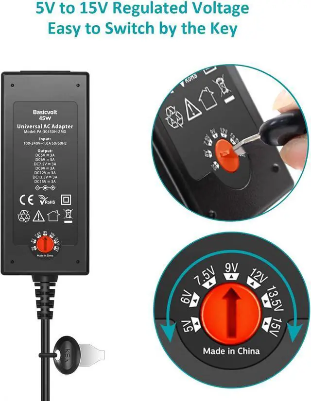 Alt view image 2 of 7 - 45W Universal 15V 13.5V 12V 9V 7.5V 6V 5V DC Power Supply Switching AC Adapter Replacement Power Cord for LED Strip Lights Baby Monitor Security Cameras Support 1A 2A 3A Max.