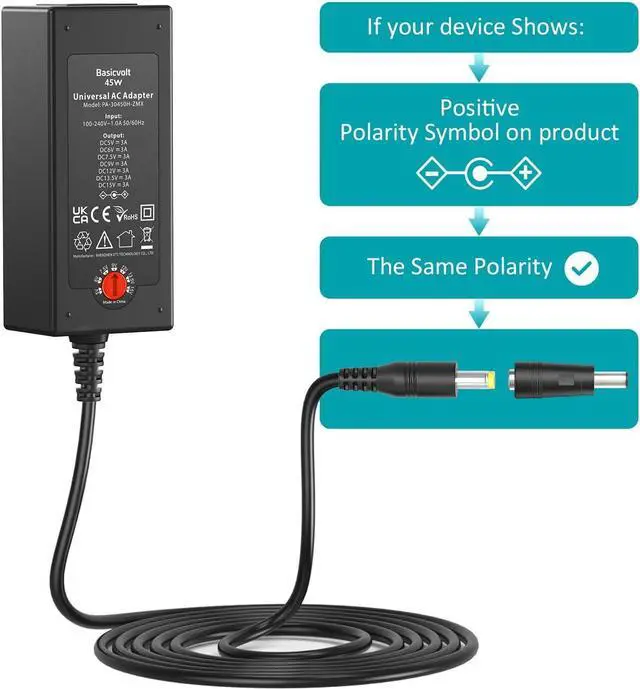 Alt view image 5 of 7 - 45W Universal 15V 13.5V 12V 9V 7.5V 6V 5V DC Power Supply Switching AC Adapter Replacement Power Cord for LED Strip Lights Baby Monitor Security Cameras Support 1A 2A 3A Max.