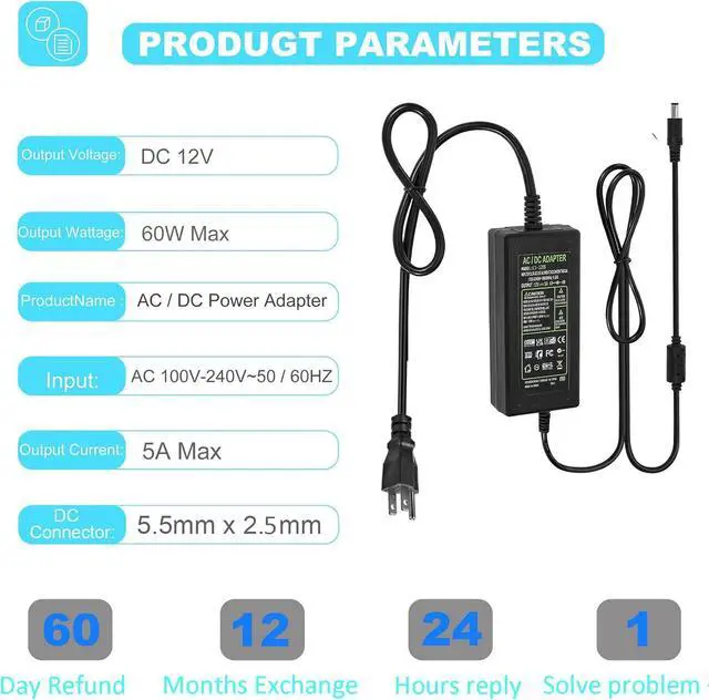 Alt view image 4 of 6 - Power Supply 12V 5A AC 100-240V to DC12V 60W Converter Adapter Driver Transformer with 5.5mm x 2.5mm Jack US Plug for Led Strips LCD Monitors CCTV Camera