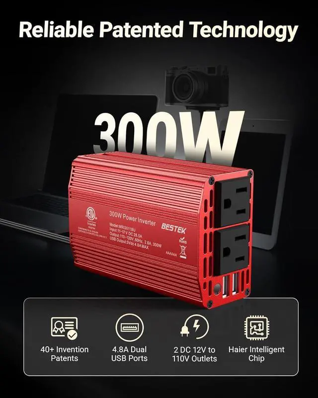 Alt view image 2 of 7 - Power Inverter DC 12V to AC 110V - 300W Car Plug Adapter Outlet with 4.8A Dual USB Fast Charging Port - Car Charger Cigarette Lighter Adapter for Phone Laptop on Road Trip - Aluminum Housing