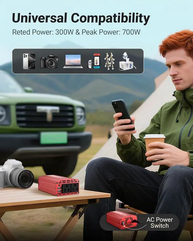 Alt view image 7 of 7 - Power Inverter DC 12V to AC 110V - 300W Car Plug Adapter Outlet with 4.8A Dual USB Fast Charging Port - Car Charger Cigarette Lighter Adapter for Phone Laptop on Road Trip - Aluminum Housing