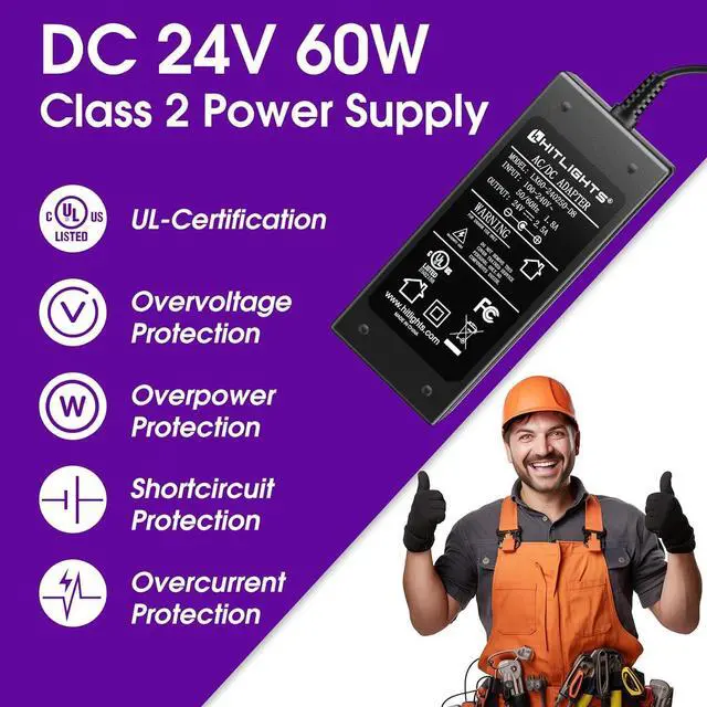 Alt view image 2 of 7 - 24V Power Supply 2.5A 60W Adapter Transformer UL Listed 100V-240V AC to 24V DC Converter with 5.5 x 2.1mm DC Plug  AC Cord for LED Strip Lights and Other Low Voltage Devices