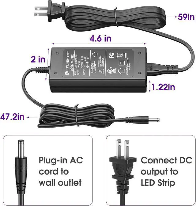 Alt view image 5 of 7 - 24V Power Supply 2.5A 60W Adapter Transformer UL Listed 100V-240V AC to 24V DC Converter with 5.5 x 2.1mm DC Plug  AC Cord for LED Strip Lights and Other Low Voltage Devices