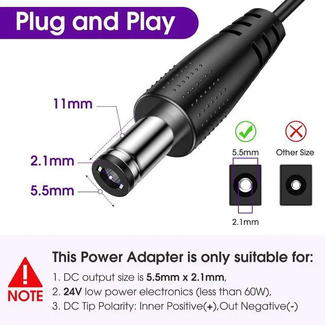 Alt view image 3 of 7 - 24V Power Supply 2.5A 60W Adapter Transformer UL Listed 100V-240V AC to 24V DC Converter with 5.5 x 2.1mm DC Plug  AC Cord for LED Strip Lights and Other Low Voltage Devices