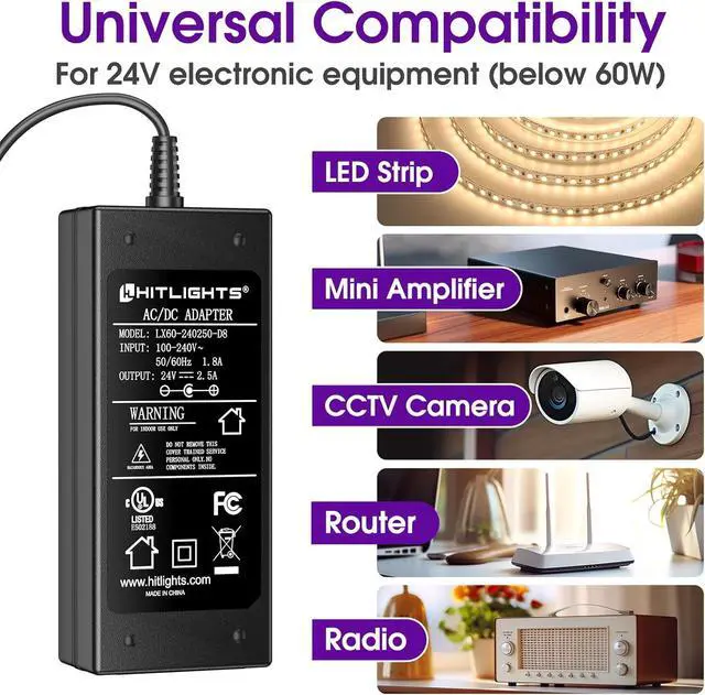 Alt view image 7 of 7 - 24V Power Supply 2.5A 60W Adapter Transformer UL Listed 100V-240V AC to 24V DC Converter with 5.5 x 2.1mm DC Plug  AC Cord for LED Strip Lights and Other Low Voltage Devices