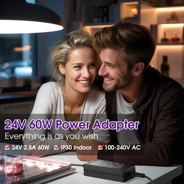 Alt view image 6 of 7 - 24V Power Supply 2.5A 60W Adapter Transformer UL Listed 100V-240V AC to 24V DC Converter with 5.5 x 2.1mm DC Plug  AC Cord for LED Strip Lights and Other Low Voltage Devices