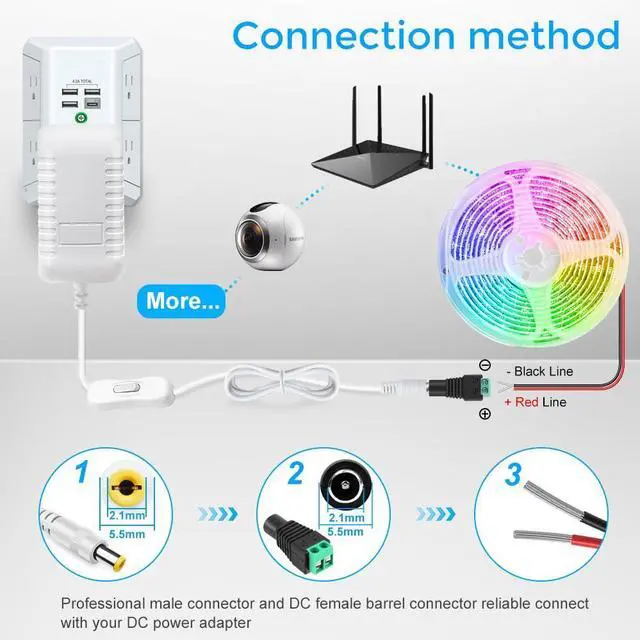 Alt view image 6 of 7 - 12V Power Supply 12 Volt 2A 24W DC Power Supply with On Off Switch White Switching LED Power Adapter AC 110V to 12V Transformer Plug for LED Strip Lights with 5.5/2.1 DC Female Connector 3 Pack