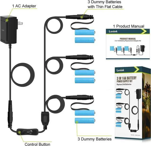 Alt view image 7 of 7 - 1 to 3 AC Power Supply Adapter Kit with On/Off Switch Battery Replacement for AA Battery (Black)