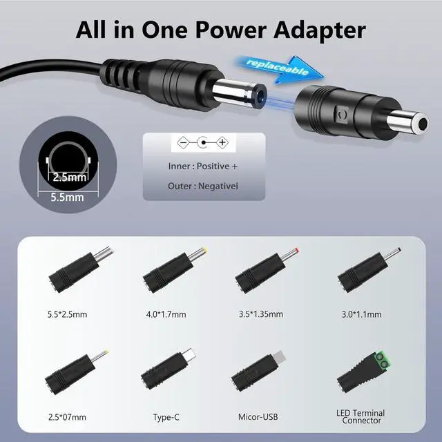 Alt view image 2 of 7 - 12v 2a Power Supply Replacement with 8 Tips 12Volt AC DC Adapter Power Cord 100V-240V 24W 5.5x2.1mm Plug for LED Strip Light Router CCTV Camera