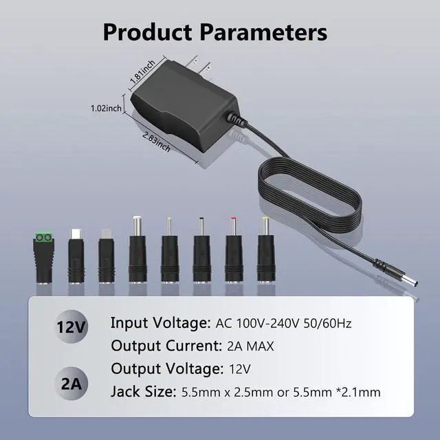 Alt view image 3 of 7 - 12v 2a Power Supply Replacement with 8 Tips 12Volt AC DC Adapter Power Cord 100V-240V 24W 5.5x2.1mm Plug for LED Strip Light Router CCTV Camera