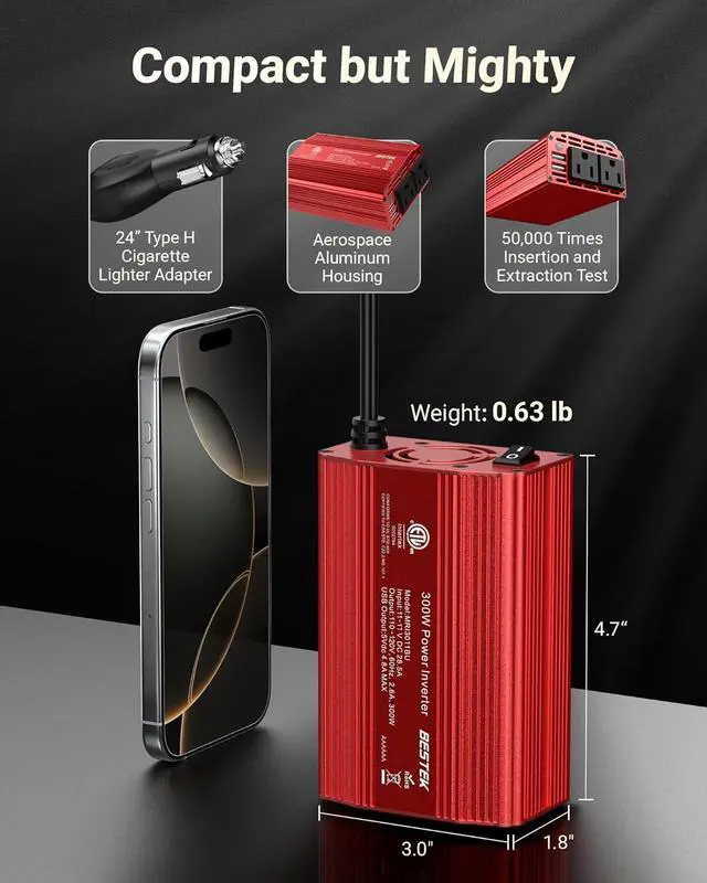 Alt view image 4 of 7 - Power Inverter DC 12V to AC 110V - 300W Car Plug Adapter Outlet with 4.8A Dual USB Fast Charging Port - Car Charger Cigarette Lighter Adapter for Phone Laptop on Road Trip - Aluminum Housing