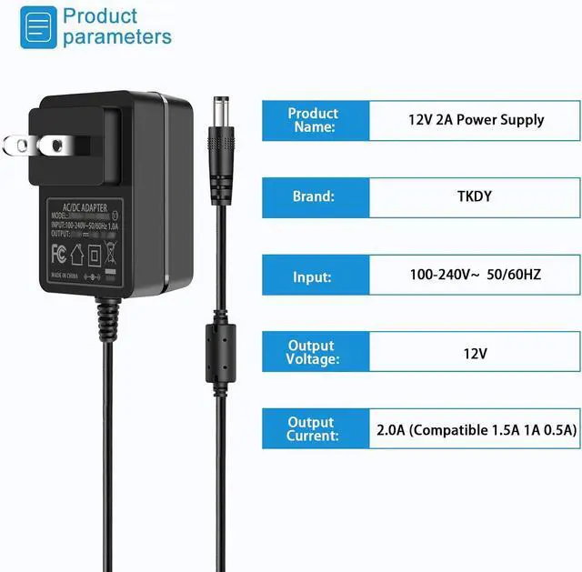 Alt view image 2 of 7 - 12V 2A Power Supply Adapter with On/Off Switch & 5 Tips 100-240V AC to DC 12 Volt 24W Converter for LED Strip Light CCTV Camera Router Speaker LCD Monitor.