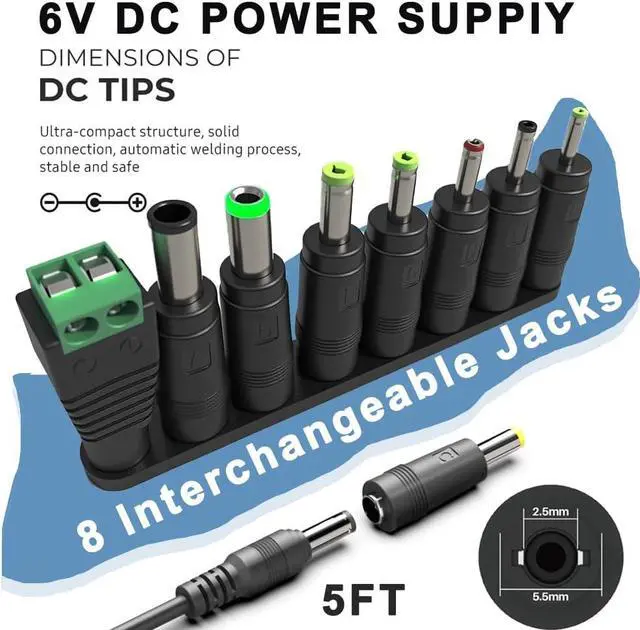 Alt view image 4 of 7 - 6V DC Power Adapter Charger 6V Power Supply Universal AC Adapter Power Cord with 8 Interchangeable DC Plug for 100mA 300mA 400mA 500mA 600mA 700mA 800mA 900mA 1000mA 1500mA 2000mA Equipment (DC6V-2A)