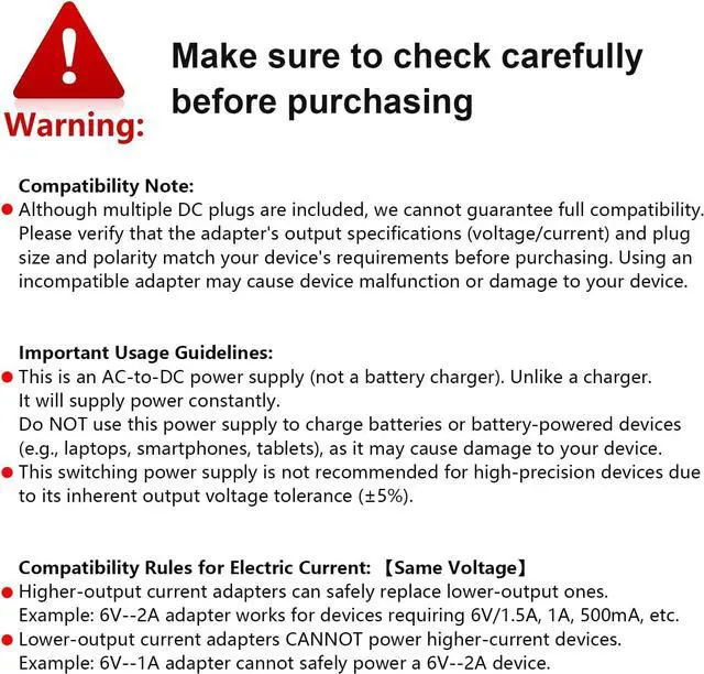 Alt view image 6 of 7 - AC Adapter 6V 2A Power Supply with 9 DC Plug Tips 12W Universal AC110V to DC6V 2000mA 1500mA 1000mA 500mA Power Driver for Sensor Trash Cans Elliptical Monitor and More DC 6V Devices(1 Pack)