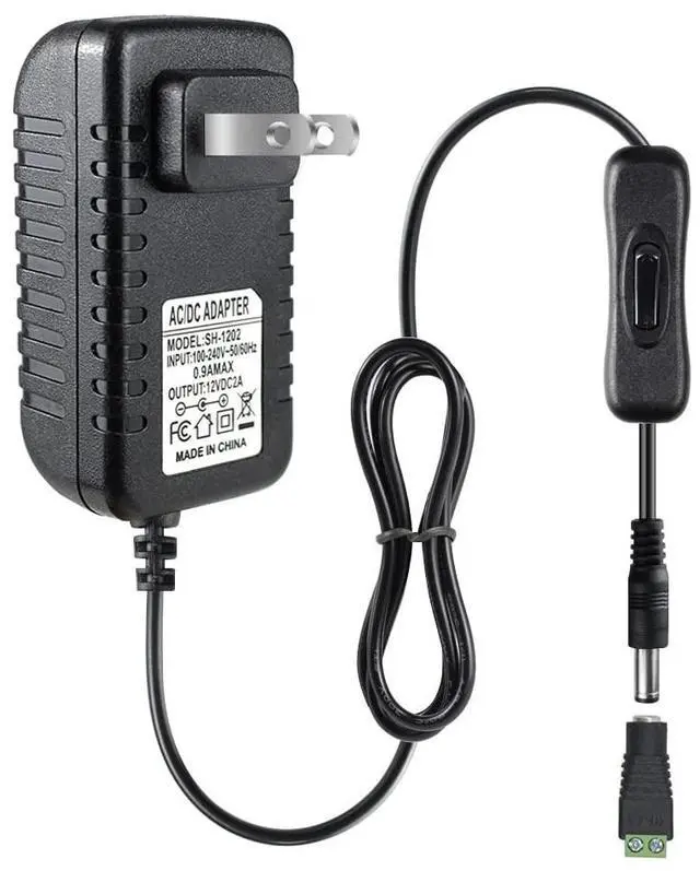 Main image of 12V Power Supply 12 Volt 2A 24W DC Power Supply with On Off Switch Black Switching LED Power Adapter AC 110V to 12V Wall Wart Transformer Plug for LED Strip Lights with 5.5/2.1 DC Female Connector