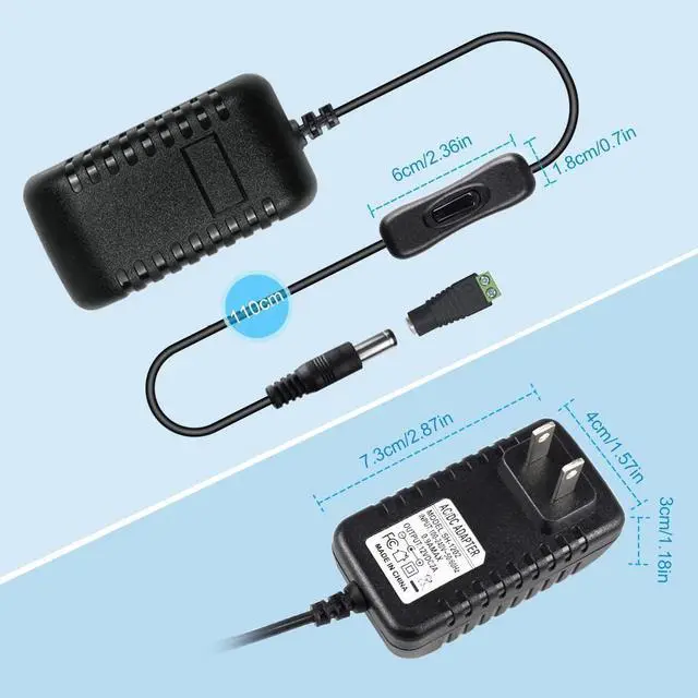 Alt view image 2 of 7 - 12V Power Supply 12 Volt 2A 24W DC Power Supply with On Off Switch Black Switching LED Power Adapter AC 110V to 12V Wall Wart Transformer Plug for LED Strip Lights with 5.5/2.1 DC Female Connector