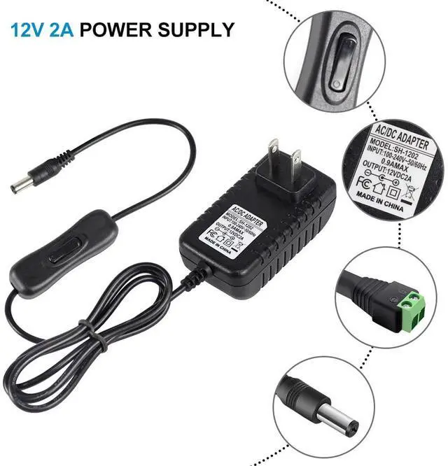 Alt view image 5 of 7 - 12V Power Supply 12 Volt 2A 24W DC Power Supply with On Off Switch Black Switching LED Power Adapter AC 110V to 12V Wall Wart Transformer Plug for LED Strip Lights with 5.5/2.1 DC Female Connector