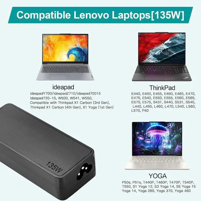 Alt view image 3 of 7 - 135W AC Charger Fit for  Thinkpad P1 Ideapad Gaming 3 Y700 700 S740 L340 Creator 5 7 ideapad 5 Pro Yoga Slim 7 Pro C940 Yoga 9-15IMH5 Legion Y520 ThinkBook 15P Laptop 135W AC Adapter Slim Tip