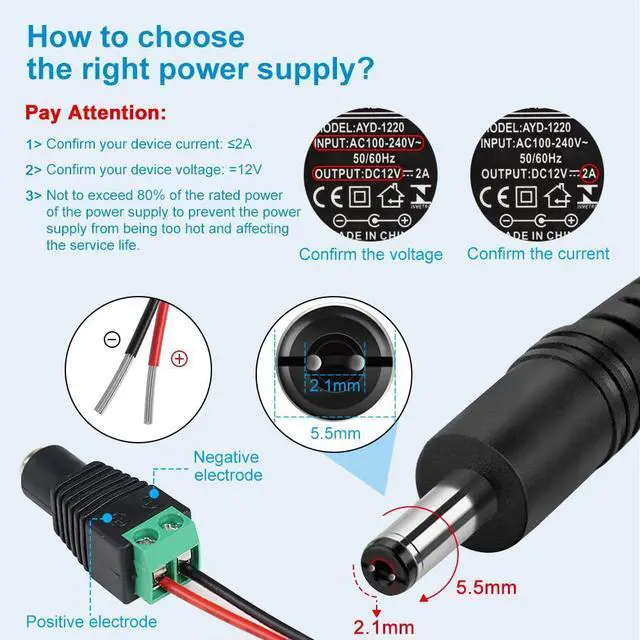 Alt view image 4 of 7 - 12V Power Supply 12 Volt 2A 24W DC Power Supply with On Off Switch Black Switching LED Power Adapter AC 110V to 12V Wall Wart Transformer Plug for LED Strip Lights with 5.5/2.1 DC Female Connector